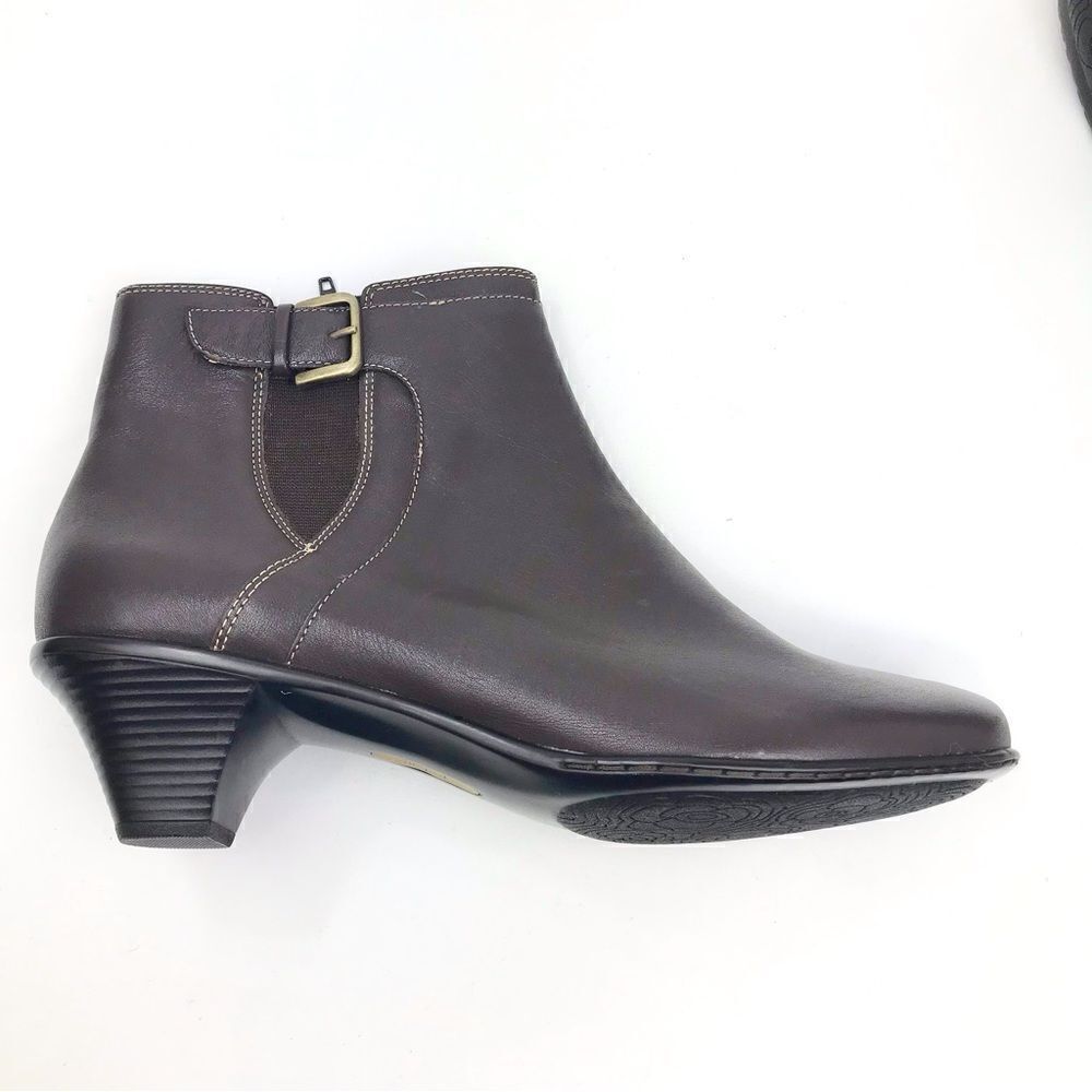 Softspots Brown Leather Buckle Accent Zip Side Ankle Boots NEW